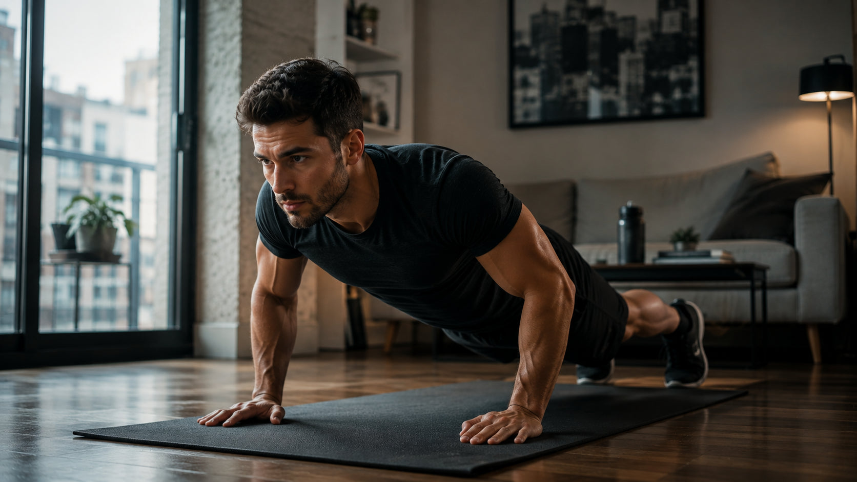 Persona haciendo flexiones en casa, rutina full body sin gimnasio